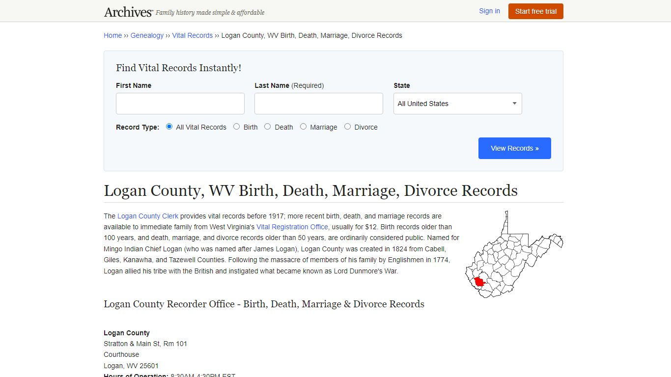 Logan County, WV Birth, Death, Marriage, Divorce Records